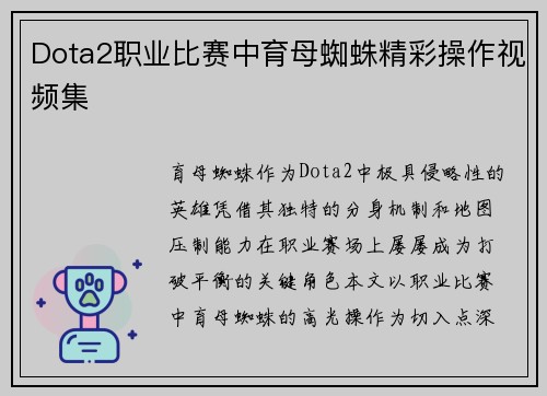 Dota2职业比赛中育母蜘蛛精彩操作视频集